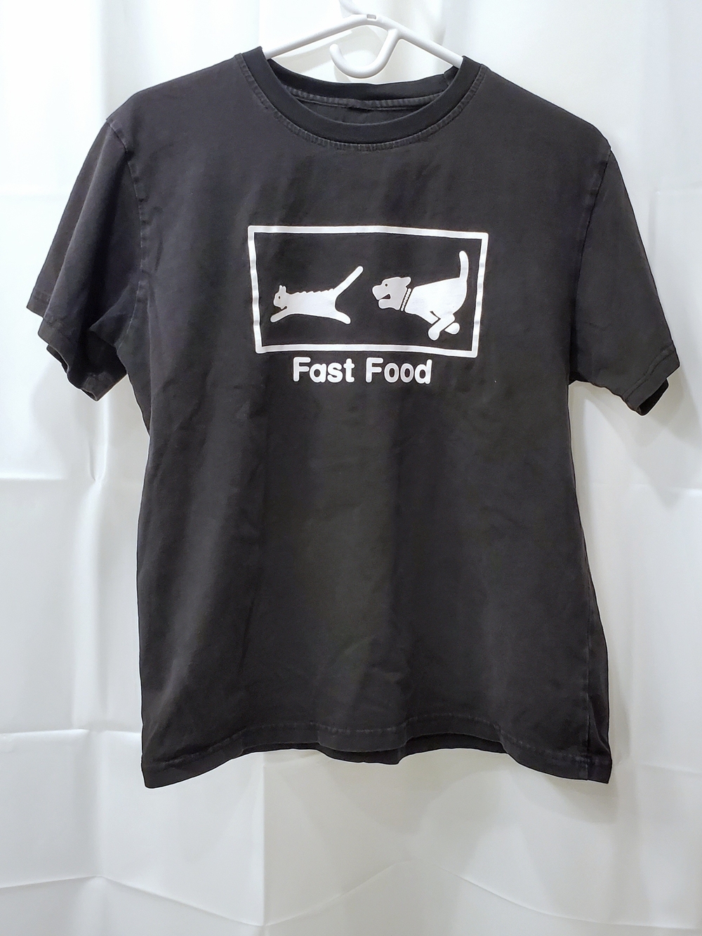 Vintage Black Tee with White Cat 'Fast Food' Graphic